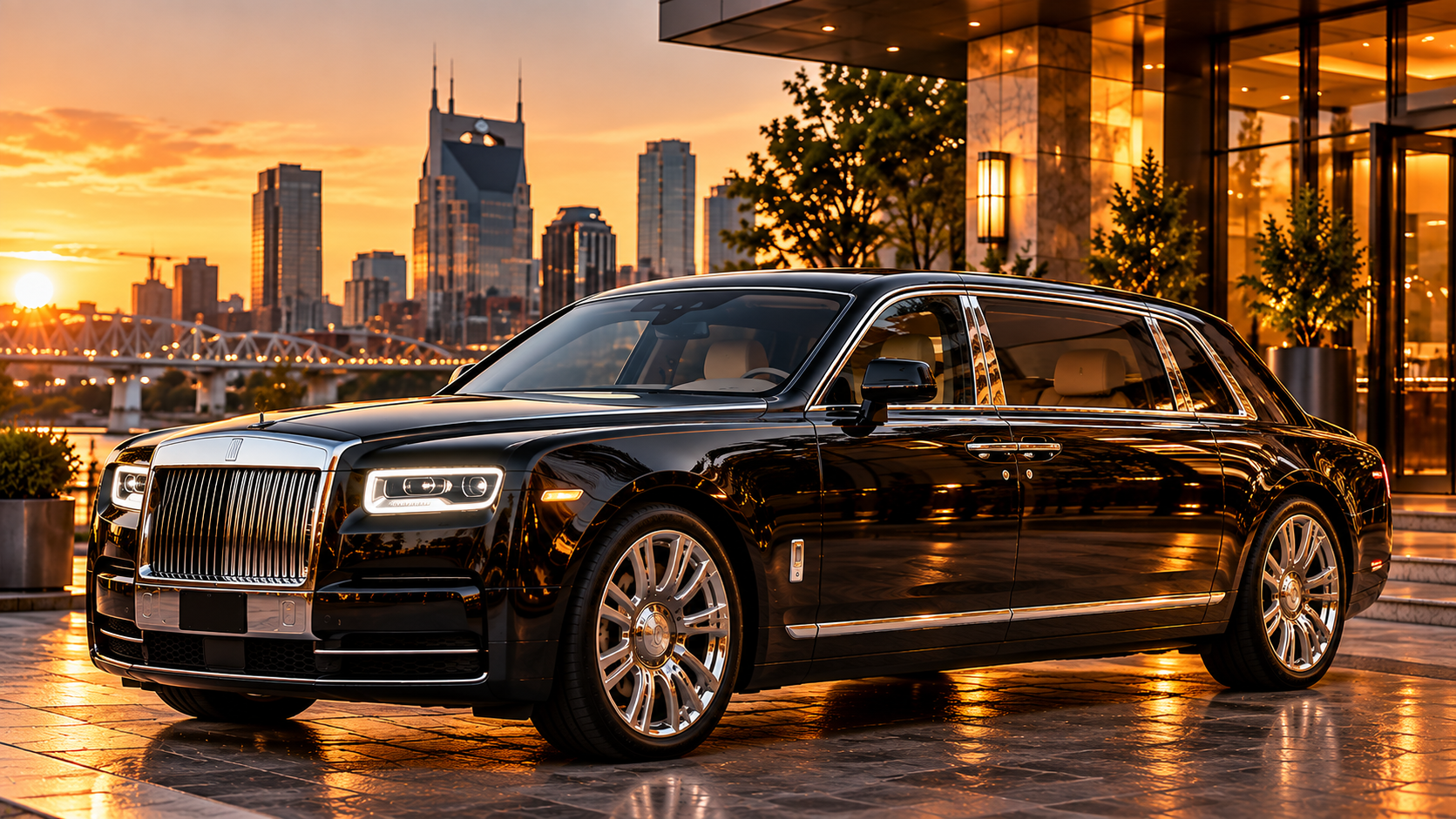 Black luxury sedan outside a Nashville hotel at sunset